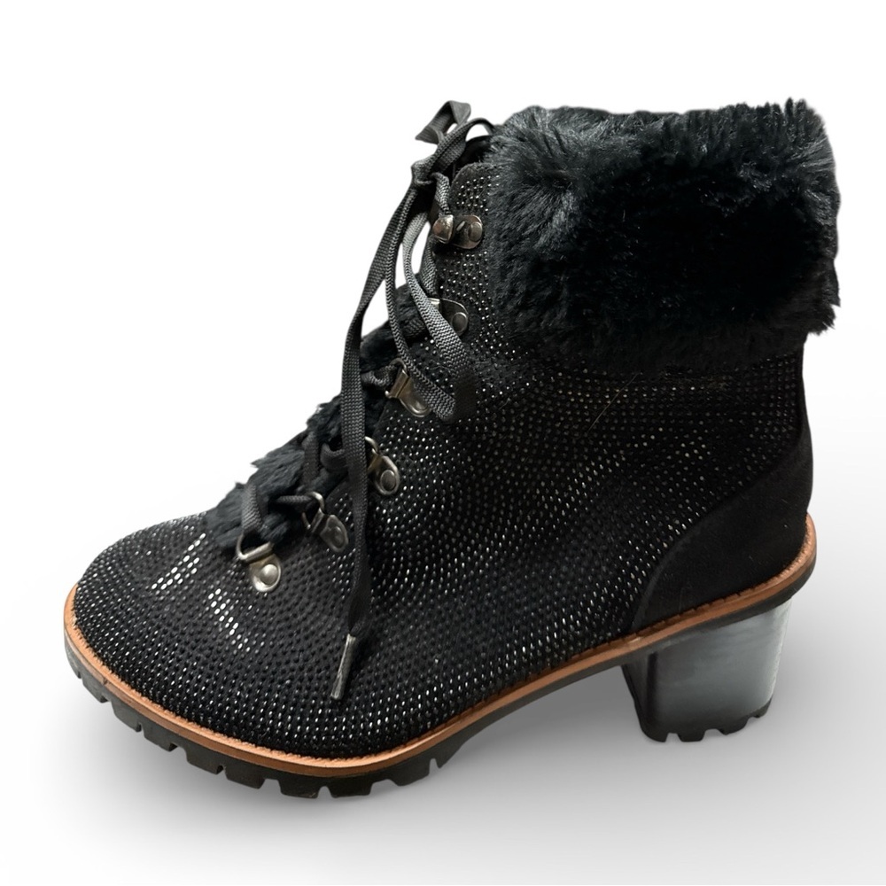 Nanette Lepore Black Beaded Faux Fur Ankle Boots Lace Up Chunky Heel Size 8M - Picture 4 of 10